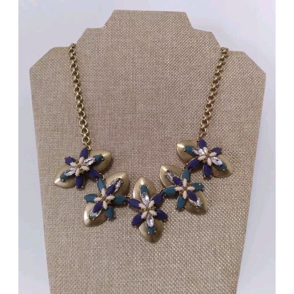 J. Crew Necklace Vintage Blue Purple Pink Rhinestones Statement Goldtone Signed - Picture 3 of 8